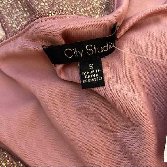 City Studios Juniors Womens Metallic Mini Bodycon Dress Mauve Gold Sz S - Picture 6 of 7